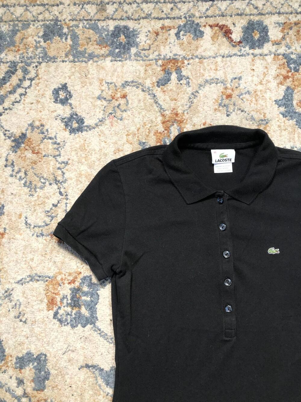 Lacoste Polo Shirt Womens 40 Black Slim Fit Short Sleeve Croc Logo Knit Casual - Picture 3 of 10